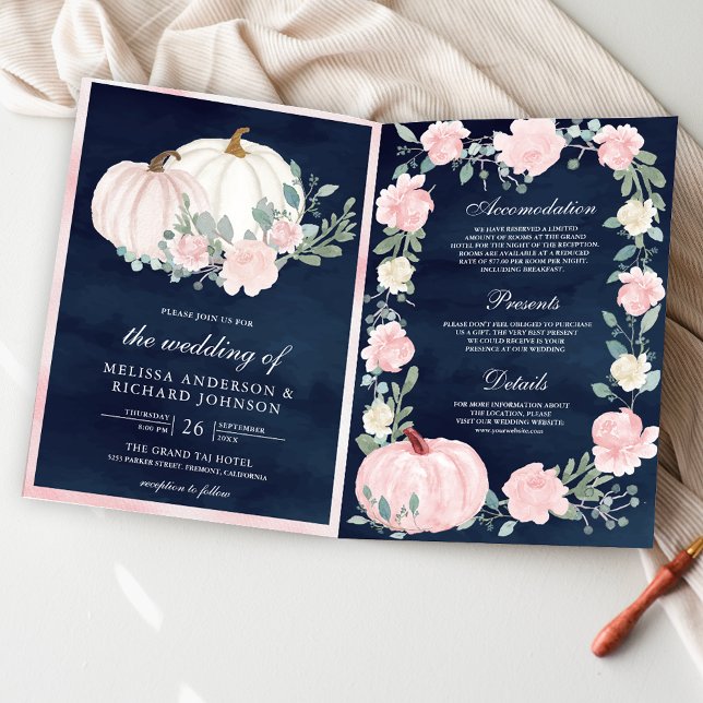 Invitation Mariage Code QR Citrouille Floral Rose Rose Navy (Créateur téléchargé)