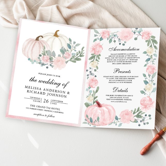 Invitation Mariage Code QR Citrouille Florale Rose Fardée (Créateur téléchargé)