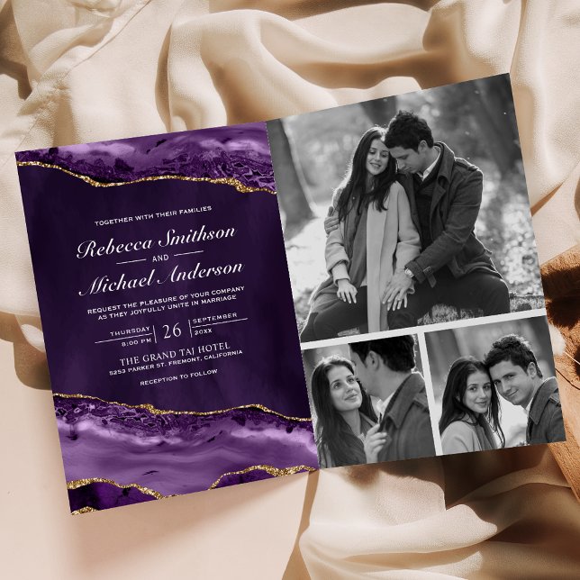 Invitation Mariage Code QR Collage Photo Agate Or Doré Violet (Créateur téléchargé)