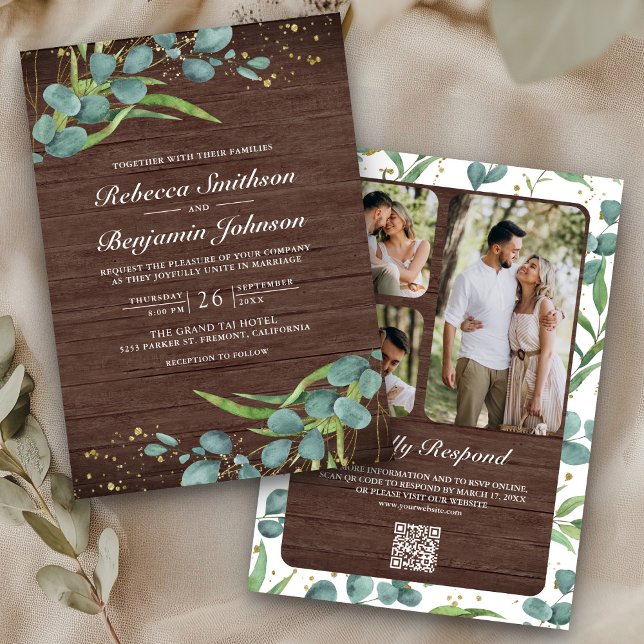 Invitation Mariage Code QR Collage Photo Eucalyptus Bois (Créateur téléchargé)
