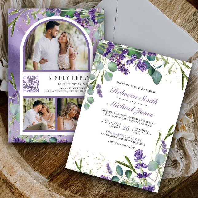 Invitation Mariage Code QR Collage Photo Eucalyptus Lavande (Créateur téléchargé)