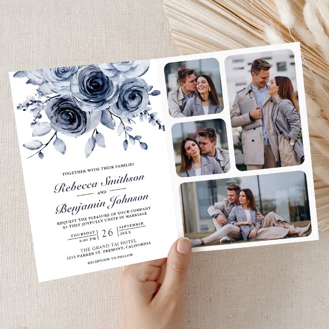 Invitation Mariage Code QR Collage Photo Floral Bleu Poussiér (Créateur téléchargé)