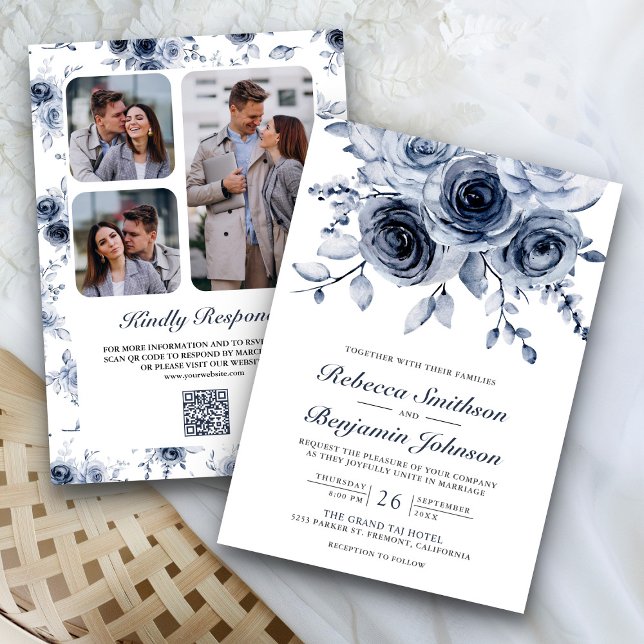 Invitation Mariage Code QR Collage Photo Floral Bleu Poussiér (Créateur téléchargé)
