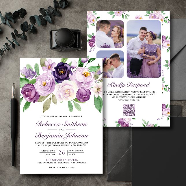 Invitation Mariage Code QR Collage Photo Floral Violet Rustiq (Créateur téléchargé)