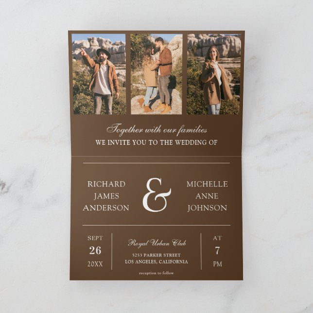 Invitation Mariage Code QR Collage Photo Minimal Brun (Intérieur)