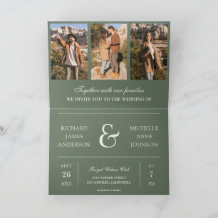 Invitation Mariage Code QR Collage Photo Minimal Vert Sauge