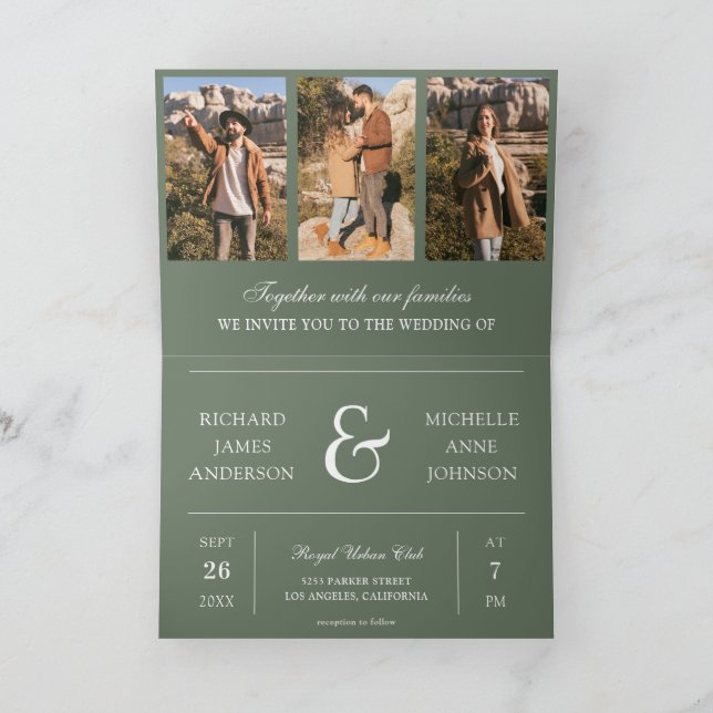 Invitation Mariage Code QR Collage Photo Minimal Vert Sauge (Intérieur)