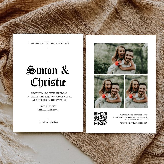 Invitation Mariage Code QR Collage Photo Moderne Vintage (Modern photo collage QR code wedding invitation shares your story with easy RSVP and style)