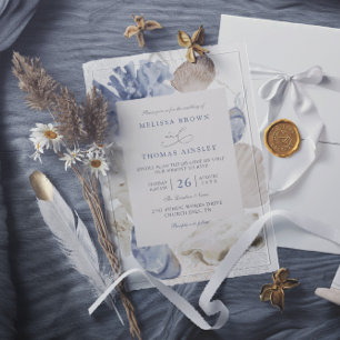 Invitation Mariage code qr coquillage bleu plage côtière