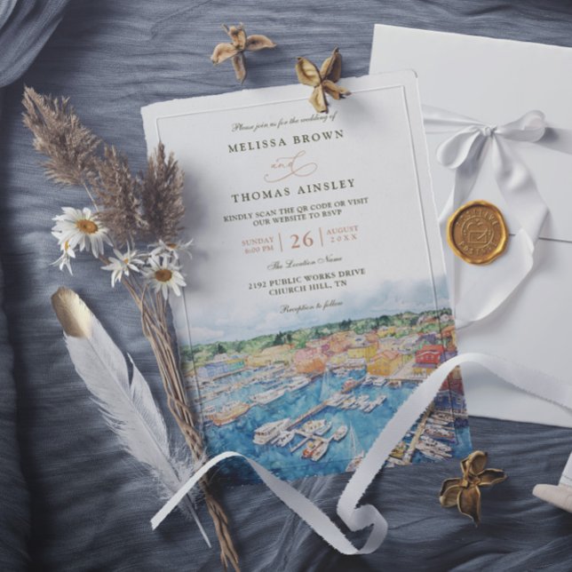 Invitation Mariage code QR côtier du port de Newport à l'aqua (Créateur téléchargé)