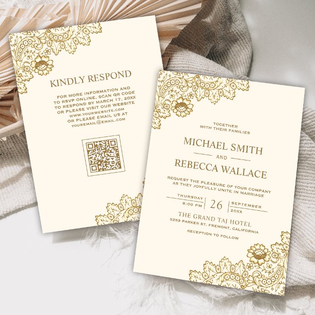 Invitation Mariage Code QR Crème Ivoire Dentelle Dorée (Créateur téléchargé)