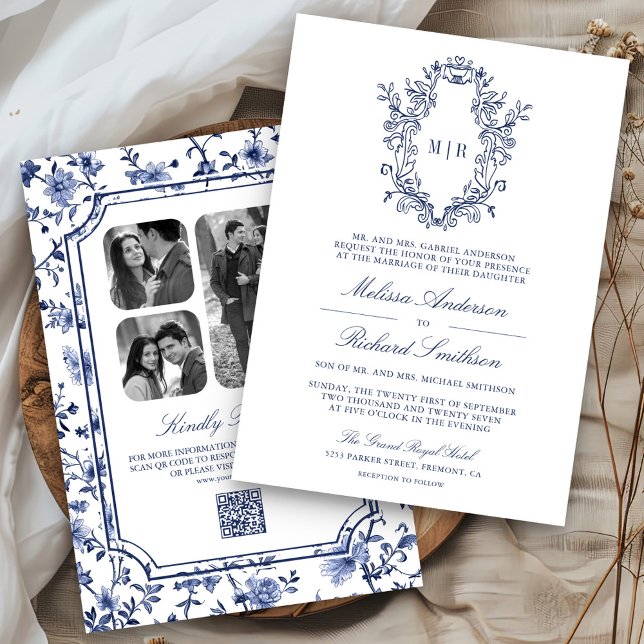Invitation Mariage Code QR Crête Chinoiserie Bleu et Blanc (Créateur téléchargé)