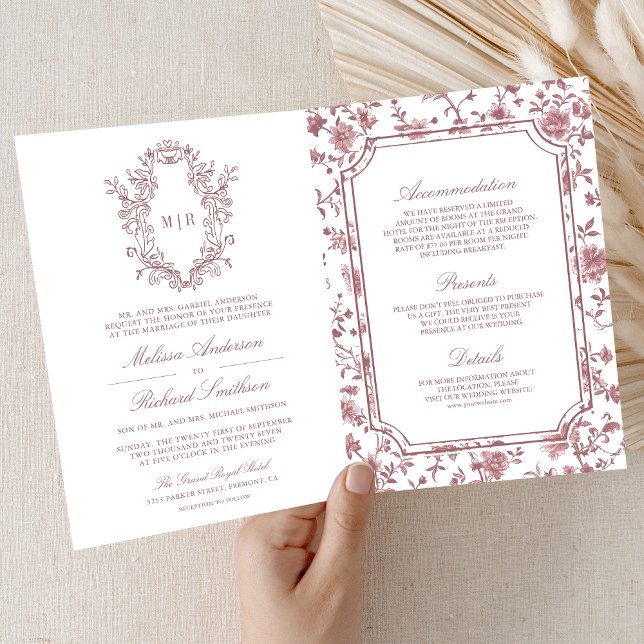 Invitation Mariage Code QR Crête Chinoiserie Rose Poussiéreus (Créateur téléchargé)