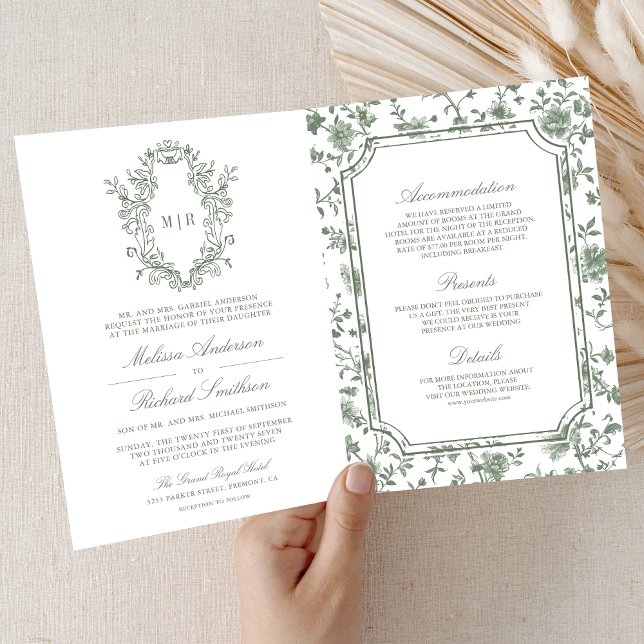 Invitation Mariage Code QR Crête Chinoiserie Verte Sauge Blan (Créateur téléchargé)