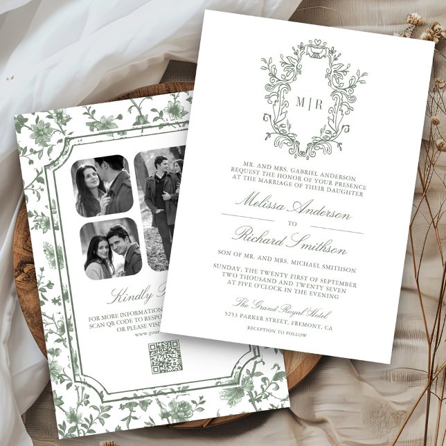 Invitation Mariage Code QR Crête Chinoiserie Verte Sauge Blan (Créateur téléchargé)