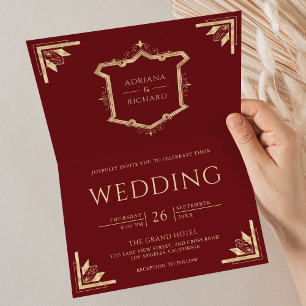 Invitation Mariage Code QR Crête Dorée Vintage Marron Rouge