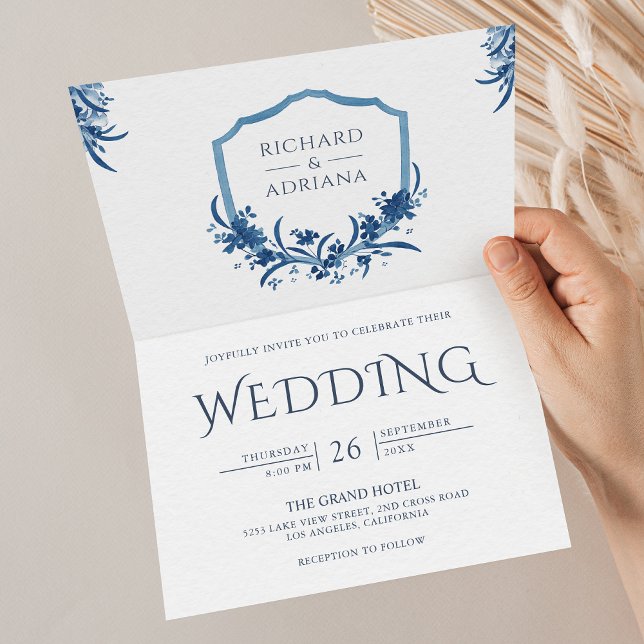 Invitation Mariage Code QR Crête Florale Bleue Rustique Vinta (Créateur téléchargé)