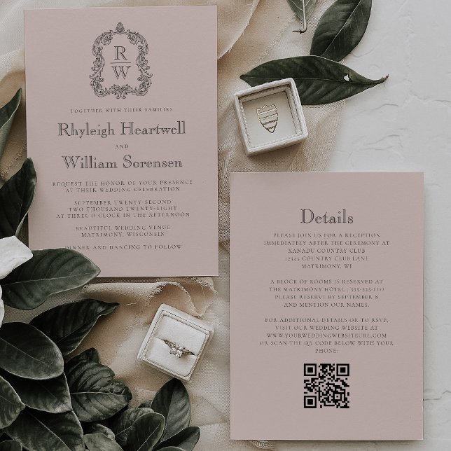 Invitation Mariage Code QR Crête Monogramme Rose Fardée (Créateur téléchargé)