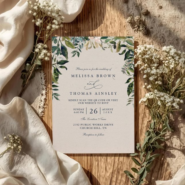 Invitation Mariage Code QR d'arche de feuillage aquarelle ver (Créateur téléchargé)