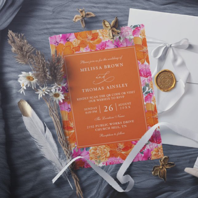 Invitation Mariage code QR de budget de jardin rose et orange (Créateur téléchargé)