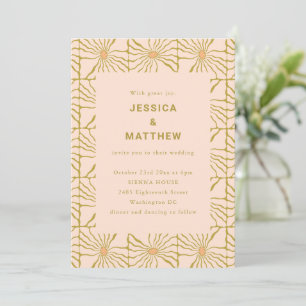 Invitation Mariage Code QR de Carreaux Floraux Moutarde Rétro