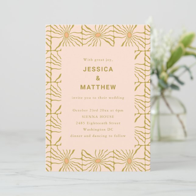 Invitation Mariage Code QR de Carreaux Floraux Moutarde Rétro (Debout devant)