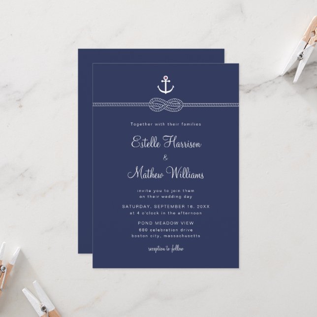 Invitation Mariage Code QR de Corde d'Ancre Bleue de la Marin (Devant/Arrière en situation)
