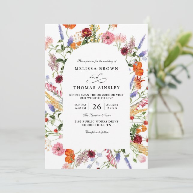 Invitation Mariage code QR de fleurs sauvages aquarelles auda (Debout devant)