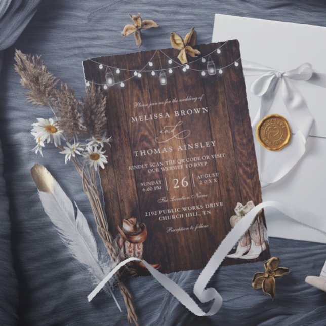 Invitation Mariage code QR de grange de campagne western rust (Créateur téléchargé)