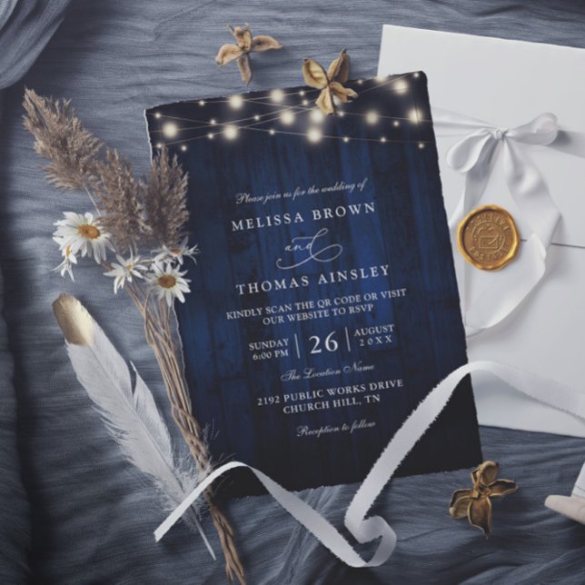 Invitation Mariage Code QR de Guirlande Lumineuse en Bois Ble (Créateur téléchargé)