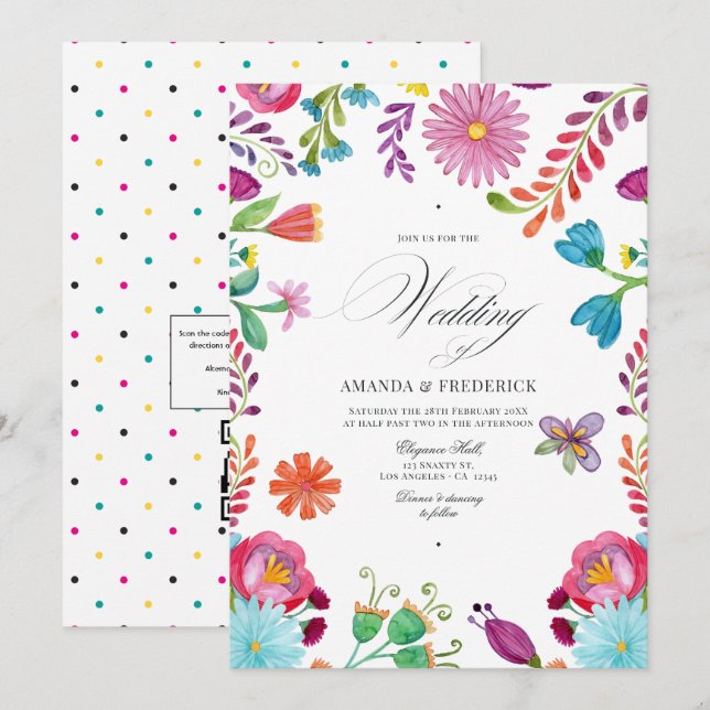 Invitation Mariage Code QR de la Fiesta Mexicaine Florale Aqu (Devant / Derrière)
