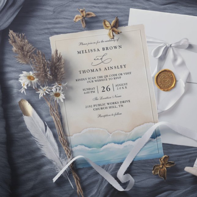 Invitation Mariage Code QR de la Plage à Vague Océan Aquarell (Créateur téléchargé)