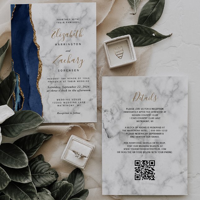 Invitation Mariage Code QR de Marbre Agate Or Bleu Marine (Créateur téléchargé)