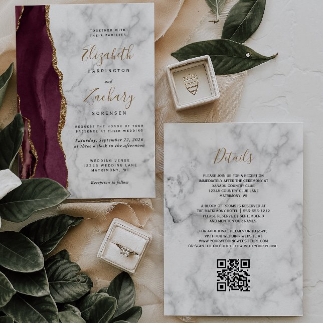 Invitation Mariage Code QR de Marbre Agate Or Bourgogne (Créateur téléchargé)
