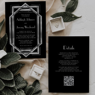 Invitation Mariage Code QR Déco Vintage Argent Noir des Année