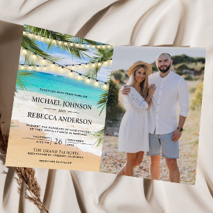 Invitation Mariage Code QR Éclairage Guirlande Palmiers Plage