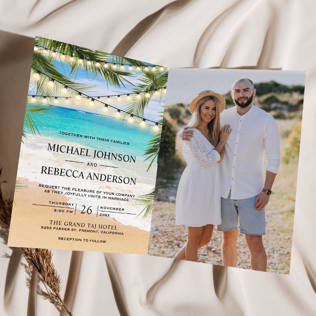 Invitation Mariage Code QR Éclairage Guirlande Palmiers Plage (Créateur téléchargé)