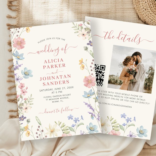 Invitation Mariage code QR écriture élégante bohème fleur sau (Créateur téléchargé)