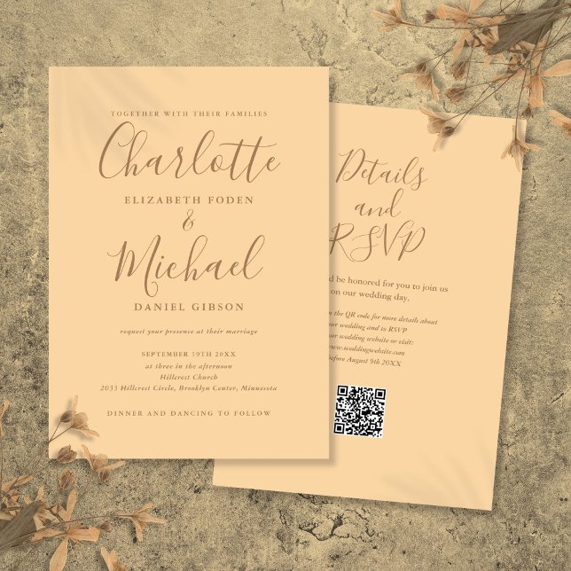 Invitation Mariage Code QR Écriture Élégante Champagne (Champagne Elegant Script QR Code Wedding Invitation)