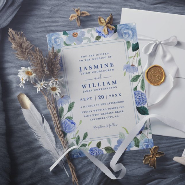 Invitation Mariage code QR élégant aquarelle florale bleue (Créateur téléchargé)