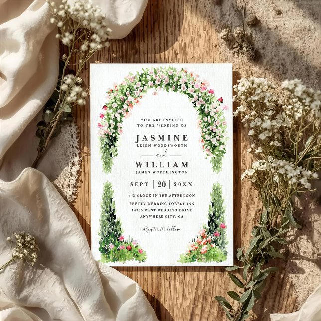 Invitation Mariage Code QR Élégant Fleurs Arche Jardin de Mon (Créateur téléchargé)