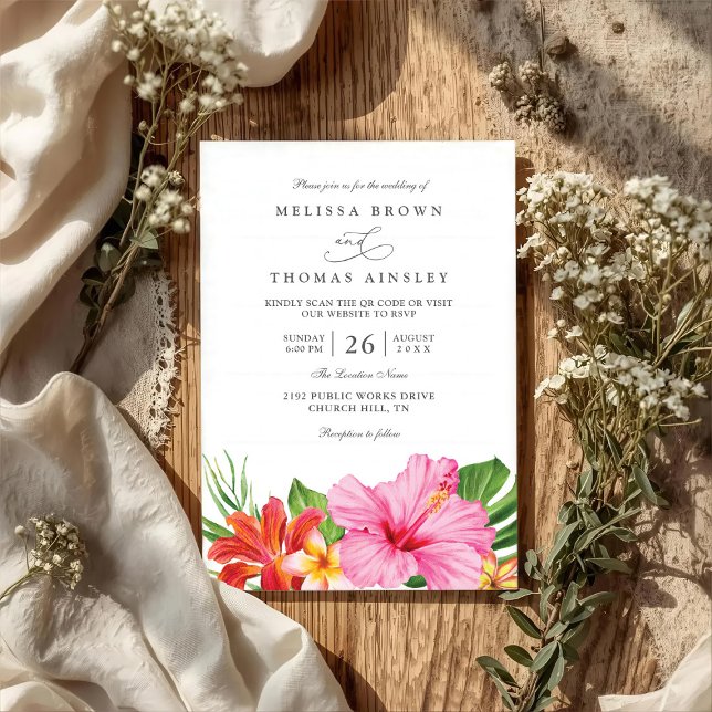 Invitation Mariage Code QR Élégant Fleurs d'Hibiscus Tropical (Créateur téléchargé)