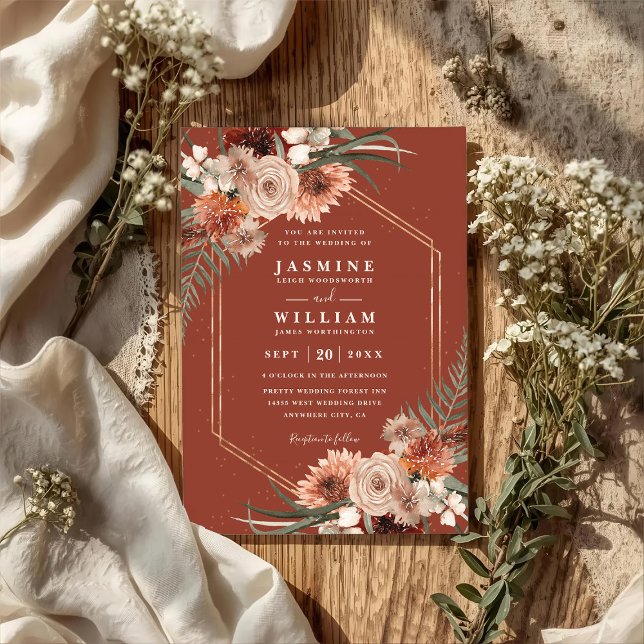 Invitation Mariage Code QR Élégant Floral Boho Terracotta (Créateur téléchargé)