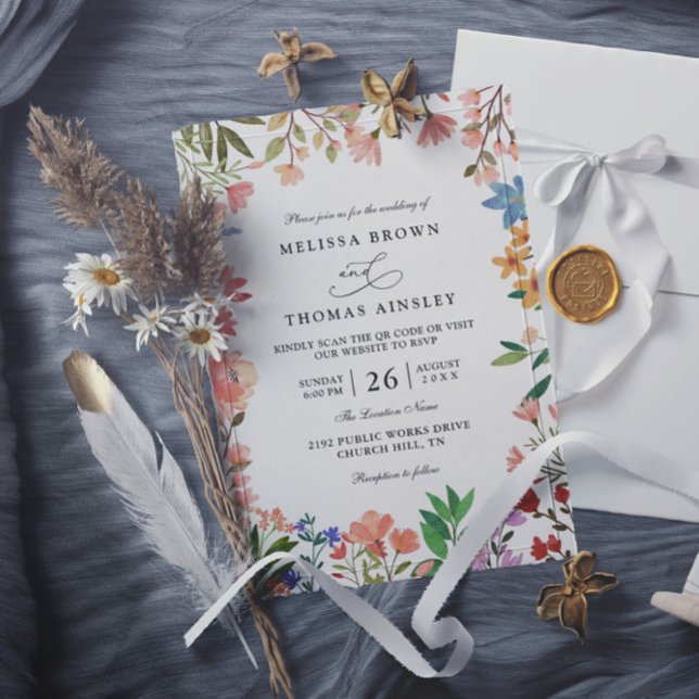 Invitation Mariage Code QR Élégant Moderne Chic Fleurs Sauvag (Créateur téléchargé)