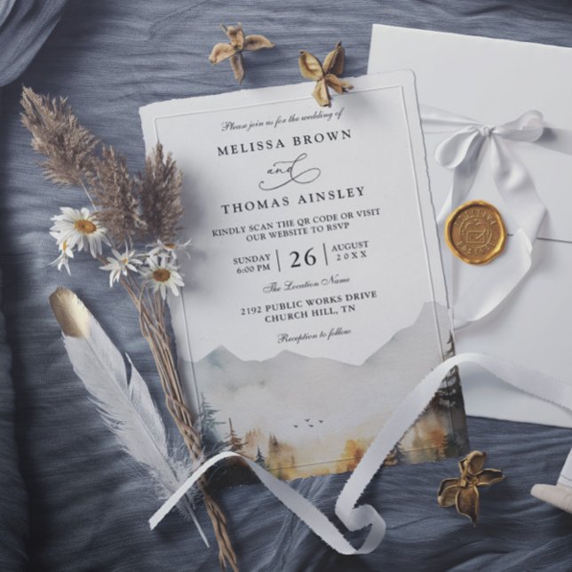 Invitation Mariage Code QR Élégant Montagne Aquarelle Moderne (Créateur téléchargé)