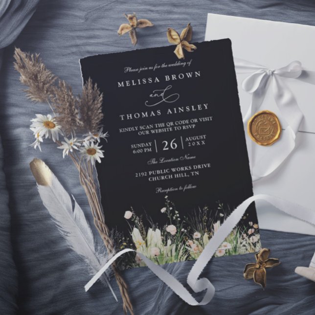 Invitation Mariage code QR élégant noir fleur sauvage bohème (Créateur téléchargé)