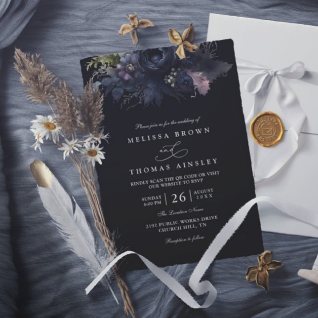 Invitation Mariage Code QR Élégant Noir Floral Gothique Sombr (Créateur téléchargé)