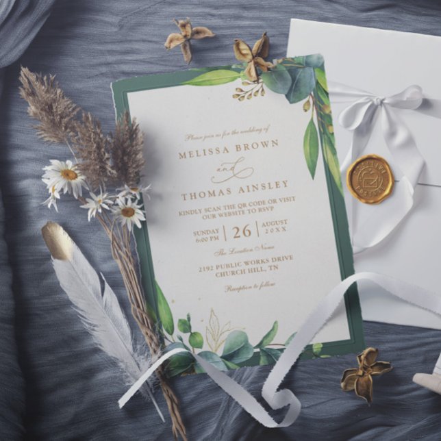 Invitation Mariage Code QR Élégant Rustique avec Verdure d'Eu (Créateur téléchargé)