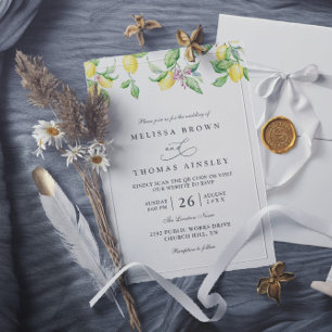 Invitation Mariage Code QR Élégant Rustique Citrons & Fleurs