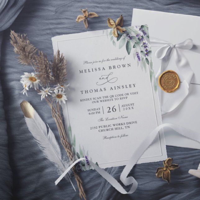 Invitation Mariage Code QR Élégant Rustique Feuilles de Lavan (Créateur téléchargé)